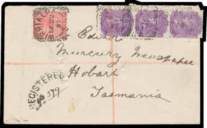 Wirrialpa (2): squared-circle 'WIRRIALPA/SE22/07/S.A' almost fine to largely very fine strikes on Tatts cover with 1d red & 2d violet strip of 3, curved 'REGISTERED/No...' h/s. Rated RRR. PO 1/4/1895; closed 31/121907.