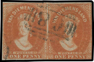 1856-57 No Watermark Pelure Paper 1d deep red-brown SG 24 horizontal pair, margins just touched - at right - to good, BN '68' cancel, Cat £1500++. A very rare & desirable multiple of this scarce stamp; the left-hand unit is superb!