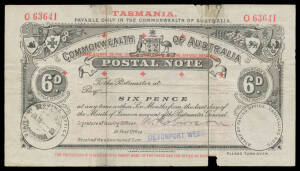 REVENUES - POSTAL NOTES: c.1918 CofA with '+++/POSTAGE STAMPS TO THE VALUE OF FIVE PENCE TO BE AFFIXED HEREIN/+++++' at Top in Red 'TASMANIA' 6d, severed along folds & rejoined, small piece missing at the base, 'WEST D'PORT/ 5JA18/TASMANIA' cds. [Tasmania