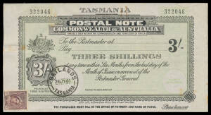 REVENUES - POSTAL NOTES: 1931 New Design with Coat of Arms at Left, All Text & Serial Numbers in Black and John Ash Imprint at the base on CofA Watermark Paper 'TASMANIA' 3/- superb, 1d maroon affixed at lower-left, 'OATLANDS/26JY44/TASMANIA' cds.