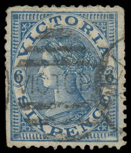 1863-81 Laureates 1867-81 V/Crown Perf 13 6d blue with the Watermark Sideways SG 136ab, unusually well centred but with some trimmed perfs, Melbourne duplex cancel, unpriced mint or used by Gibbons. Ex Bill Purves - with his note "a great rarity" - and Ni