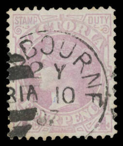 1885-95 New Naish Designs Wmk '33' 4d lilac Error of Colour SG 300b, excellent centring, Melbourne duplex cancel of FE10/87, Cat £1200. RPSV Certificate (2015). [Of superior appearance to the example that sold at the Prestige auction of 4/3/2006 for $920]