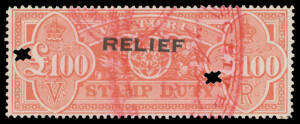 REVENUES: 1930-32 'RELIEF' Overprint on £100 vermilion-rose, excellent centring, neatly cancelled & with two small "star" punctures as usual, Elsmore Online Cat $150 (2009).