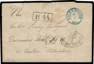 Covers & postal stationery including two very scruffy Half-Length covers to Wales, 1866 stampless entire from Prussia with Anglo-French Postal Convention h/s & '("1/8")/MORE TO PAY' h/s applied on arrival at Melbourne, some postmark interest especially in