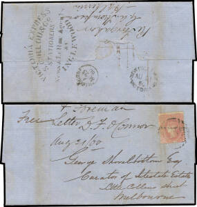 1860 (Aug 21) entire letter to Melbourne (b/s) with almost superb strike of the large & impressive 'VICTORIA EXPRESS/S.COLLOU & Co/STATIONERS/News & Letter Agents/&c/INGLEWOOD' h/s & mss "1" (signifying that the express fee of 1/- had been paid; partly ob