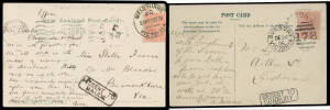 Album of mostly PPCs with an array of instructional handstamps including 'NO ADDRESS', 'NO POST TOWN', 'IRREGULARLY/POSTED' and a very scarce group of 'MISSENT TO/...' marks including of 'MAUDE' (with commecial perfin), 'BUNINYONG', 'BRUNSWICK', 'PRAHRAN'