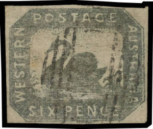 1857-59 Hillman Lithographs 6d grey-black SG 19, good even margins, void-grid cancel, Cat £550. An attractive stamp.