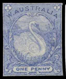 1863 De La Rue Essay for a 1d White (!) Swan design imperforate plate proof in ultramarine on thin ungummed unwatermarked paper, reduced to stamp-size with close but complete margins. A lovely item. Ex Michael Brachi and Lord Vestey. [Presumably this des