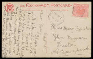 Australind: 15-bars '17' of 'AUSTRALIAND' (cds alongside) on Rotophot Postcard to "Preston/Nr Donnybrook". Unlisted in the Pope & Reynolds Census.