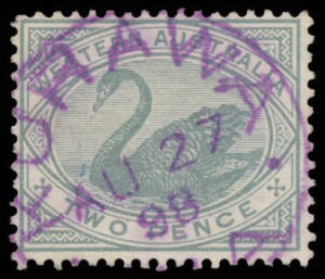 Kurawa: 'KURAWA/AU27/98/[W]A' superb strike in violet on 2d grey. RO from Broad Arrow (1) c.1896; renamed Broad Arrow (2) c.1898. [Goldmining; 35km NNW of Kalgoorlie]