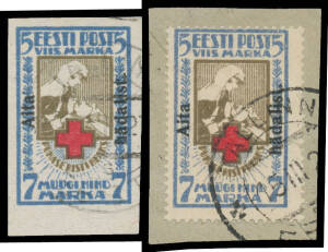 ESTONIA: 1926 Red Cross Overprints imperf & perf sets Mi 46A-47B all used, and imperf 2½m+1m SG 46B marginal block of 4, unmounted, Cat €1400+. (8)