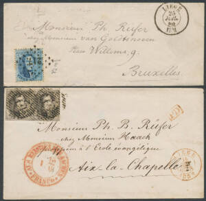 1856 cover with Medallions 10c sepia pair (margins just touching - at lower-left - to large) tied by largely fine '73' cancels, to Aix-la-Chapelle (Aachen) with 'LIEGE' cds & boxed 'PD' h/s both in red, 'EST No 5' (TPO?) transit b/s, German exchange offic