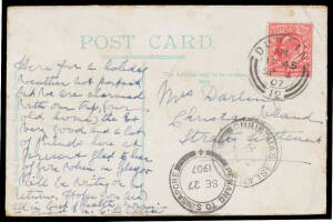 1907 (Sept.4) postcard from Dublin, Ireland addressed to "Mrs Darling, Christmas Island, Straits Settlements" with double circle 'PENANG TO SINGAPORE/SE27/1907' marine sorter cds and 'CHRISTMAS ISLAND/OC6/1907/+' arrival cds (Proud Type B).