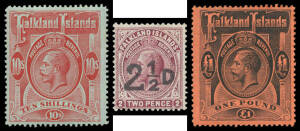 1912-28 KGV issues including shades complete as per Leuchtturm hingeless pages but some shades - notably the 5/- reddish maroon SG 67a - are definitely not correct, the South Georgia Provisional may be genuine but there is no certificate so caveat emptor,