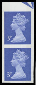 1973 Machins 3p ultramarine marginal imperforate vertical pair SG X855b, unmounted, Cat £375.