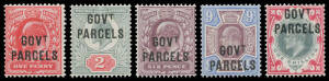 OFFICIALS: 1902 KEVII 'GOVT/PARCELS' 1d to 1/- (minor crease) SG O74-78, mostly well centred, a couple of minor bends, full unmounted o.g., Cat £2575+ (mounted). As fresh as they come. Pinchot Certificate (1986) for the set states "very rare in never hing