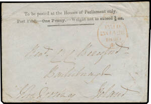 1840 envelope with 'J RUMP/1839' Watermark headed 'To be posted at the Houses of Parliament only/Post Paid - One Penny - Weight not to exceed ½oz' SG Spec #PE2b, to "Bailieborough/Ireland" and countersigned "John Young" at lower-left, light but clear stri