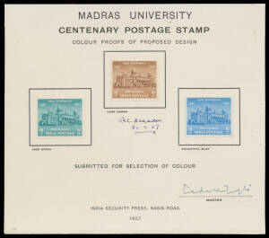 1954 Universities Centenary 10np Madras University three perforated proofs in brown (close to the issued colour), turquoise or bright blue, all affixed to India Security Press card (176x151mm) signed by the Master of the Works & the designer (?, dated "30