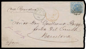 STRAITS SETTLEMENTS: 1878 cover with '.../DELI/(SUMATRA)' cachet in blue across the flap, to Spain (!) "via Brindisi" with 12c tied by poor 'B/172', part 'PENANG/PAID' cds in red & superb 'GIBRALTAR' transit cds on the face, minor opening faults at right.