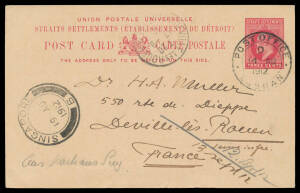 STRAITS SETTLEMENTS: 1912 commercial usage of KEVII 3c Postal Card to France with the message headed "Labuan" & largely very fine double-circle 'LABUAN/ D /14AU/1912/LABUAN' cancellation, Singapore transit & 'DEVILLE LES ROUEN' arrival cds. [In 1906, Labu