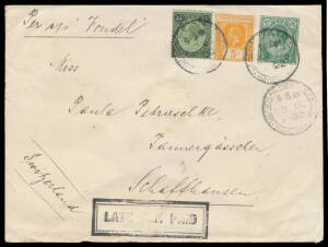 STRAITS SETTLEMENTS: 1922 possibly commercial cover to Switzerland "Per SS Vondel" (?) with 2c 5c & 45c tied by 27mm 'GENERAL POST OFFICE/20OC/1922/SINGAPORE' cds (Proud #D180), largely very fine strike of the double-boxed 'LATE FEE PAID' handstamp (#I 8)