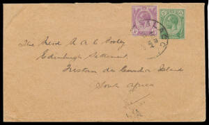 STRAITS SETTLEMENTS: 1928 cover to a missionary at "Edinburgh Settlement/Tristan da Cunha Island/South Africa" with 2c green & 4c purple tied by 'MALACCA' cds, very minor opening tears. A wonderful destination! Ex Dr Gene Scott.