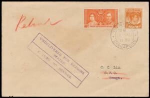 STRAITS SETTLEMENTS: 1938 philatelic covers to Lord Howe Island (b/s), Tonga (scarce 'UNCLAIMED' seriffed h/s, oval 'DEAD LETTER OFFICE/SINGAPORE' d/s & large 'UNDELIVERED...' h/s), & Swaziland ('MBABANE' arrival b/s & boxed 'NON RECLAME/UNCLAIMED' h/s on