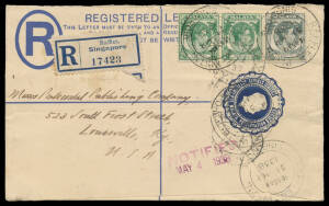 STRAITS SETTLEMENTS: 1938 commercial usage of Straits KGVI 15c Registration Envelope size G with KGVI 2c green pair & 8c grey tied by three of four light but fine strikes of the very scarce 'RAFFLES INSTN/31MR/1938/SINGAPORE' cds (Proud #3; rated 2250 poi