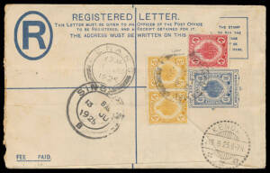 KEDAH: 1925 commercial usage of 10c blue size G Registration Envelope to Java with Sheaf of Wheat 4c red & 5c yellow pair tied by a largely fine strike of the first 'BAGAN SAMAK' cds (Proud #D2), 'PENANG', 'SINGAPORE' & 'SEMARANG' (b/s) transits & 'KENDAL