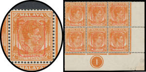 GENERAL ISSUES: 1942 (Apr) Military Government Handstamp on Straits 2c orange in Red SG J148 lower-right corner block of 6 (3x2) with Plate Number '1', the Handstamp Inverted on All Units, small closed tear in the margin at base, minor gum blemishes but f