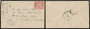 NORTH BORNEO: 1942 merchant's cover to Kuching with unoverprinted 8c Map tied by 'JESSELTON/ 26/MAY/1942/NORTH BORNEO' cds, 'LABUAN/28MY/1942/ + ' & superb 'MIRI/30/MAY/1942' transit backstamps, Japanese "chop" in violet, a little aged. A rare cover from 