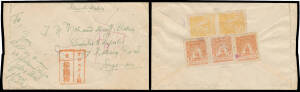 THAI OCCUPATION OF MALAYA: 1944 commercial cover to Syonan with War Memorial 1c yellow Perf 12½ pair and 2c red-brown Perf 12½ single & Perf 12½x11 x2 (Cat £124+ x20+ on cover) tied to the reverse by 'ALOR STAR/26JU/KEDAH' cds (Proud #D15 - without year 