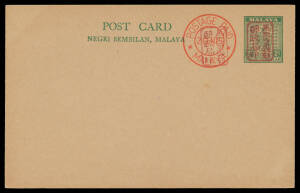 POSTAL CARDS: Negri Sembilan 2c green Postal Card with double-circle 'POSTAGE PAID/2 CENTS/MALAYA' alongside both with Military Government "chop" in red Tan #JP3, unused, Cat $M1750 (1993). Superb!