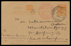 POSTAL CARDS: Straits KGVI 2c orange with 'DAI NIPPON/2602/PENANG' Overprint & 'POSTAGE PAID/ A /2 CTS/MALAYA' handstamp both in red Tan #PP2, to Kuala Lumpur with 'GENERAL POST OFFICE/11 12/2602/PENANG' cds, full message in Tamil, Cat $M300 (2003).