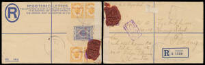 REGISTRATION ENVELOPES: Kedah 15c Sheaf of Wheat overprinted 'DAI NIPPON/2602' Tan #RE11 with 5c orange similarly overprinted x4 tied by light but very fine undated rubber 'ALOR STAR/KEDAH/2602/YUBIN KYOKU' cancellation (Proud #JD2) in blue, another strik