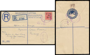 REGISTRATION ENVELOPES: ditto, with the Military Government Handstamp in "brown" Tan #RE7b with Dai Nippon overprint on Perak 8c red tied by undated rubber 'BUTTERWORTH/* P.W. *' cds (Proud #JD3; rated 6000 points) & straight-line 'NOV 12 1942' d/s below,