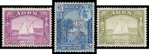 ADEN: Collection apparently complete including 1937 Dhows (hinge remainders), QEII Pictorials with shades & perfs plus unmounted blocks of 4 to 2/- SG 66, Seiyun with 1942 5r imprint & plate number blocks of 4 both ** & Victory 'SPECIMEN' duo **, both Sta