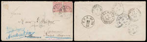 1889 (Nov 19) cover to "Stephansort/Deutsch-Neuguinea" with Wurrtemburg 10pf pair tied by 'HALL/In WURTTMBG' cds, transit b/s of 'MUENCHEN II', Italian 'GENOVA/21/11-89/(FERROVIA)', Austrian Italy 'F.P.A. No 29/22/11/89', Italian 'AMBTE PONTE BR--- BOLOGN