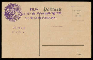 1914 plain postcard with 'FELD.../nur für die Wehrabteilung und/für die Expeditionstruppe' handstamp & fine strike of the Rabaul mailbag seal both in violet, minor blemishes on the back, unused. Ceremuga Certificate (2012) that states "Very rare". [When W