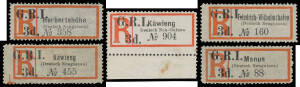 1915 'G.R.I./3d.' on German Registration Labels Office Name in Sans-Serif Letters group comprising Friedrich-Wilhelmshafen SG 35 [Stg B Pos 1], Herbertshöhe SG 36 [Stg B Pos 3], Käwieng SG 37b [Stg A Pos 2], Manus SG 39 [Stg C Pos 3] and Office Name in Se