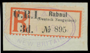 1915 'G.R.I./3d.' on German Registration Labels 'Rabaul/(Deutsch Neuguinea) SG 33 tied to small linen-lined piece by oval Rabaul d/s of 'JAN 4 1915' in violet. the First Day of Issue, Cat £325+.