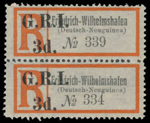 1915 'G.R.I./3d.' on German Registration Labels 'Friedrich-Wilhelmshafen/(Deutsch-Neuguinea)' SG 35f vertical pair [Stg B Pos 2], unused, Cat £550+.