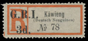 1915 'G.R.I./3d.' on German Registration Labels Office Name in Seriffed Letters 'Käwieng/(Deutsch Neuguinea)' SG 42 [Stg B Pos 3], unused, Cat £250.