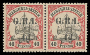 1914 Overprints on Marshall Islands '2d.' on 20pf ultramarine SG 53 block of 4 [Stg 2 Pos 9-10] & vertical strip of 3 [Stg 2 Pos 10] with the margin at right largely detached, and '4d.' on 40pf SG 56 horizontal pair [Stg 2 Pos 8-9], unmounted, Cat £540++.