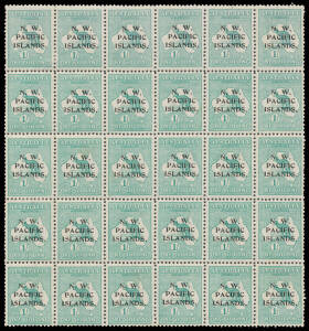 1915-16 Kangaroos First Watermark 1/- blue-green SG 81 complete forme of 30 from the Fourth Setting (Hollow Stops) [2L31-60] with Break in Arnhem Land Coast BW #30(2)k, hinge remainders but four of the abc strips are unmounted, Cat £2160++. A rare forme.