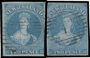 1855-58 Blue Paper Imperf 2d blue SG 5 two examples in slightly different shades, margins just clear to large & one with a fragment of the adjoining unit at left, light BN '1' cancels of Auckland, Cat £600.