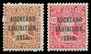 1913 Auckland Exhibition ½d to 6d SG 412-5, the 6d exceptionally well centred, unmounted, Cat £300 mounted (CP $NZ2050). Chris Ceremuga Certificate (2002) states "never hinged gum". [NB: when expertised, all stamps had attached margins. These were remove