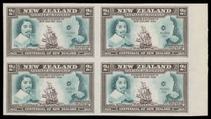 1940 Centennial 2d Abel Tasman marginal imperforate block of 4 from the right of the sheet, margins large to huge, some scuffing of the gum. Ex "Whiskers".