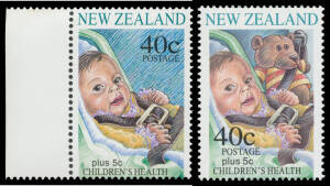 1996 Health (Road Safety) 40c Teddy Bear sheet stamp CP #T68a, unmounted, CP Cat $NZ2000. With the redrawn 40c for comparison. [The Teddy Bear stamps were supposed to not be issued because the design indicated the baby was facing forwards in the car, whic