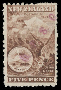 OFFICIALS: 1891-1906 'O.P.S.O.' Handstamp on 1898 Pictorials No Watermark Perf 11 5d Otira Gorge with the Handstamp in Magenta SG O20a, characteristic rough perfs, large-part o.g., Cat £1100 for violet handstamp used; unpriced unused. David Brandon Certif